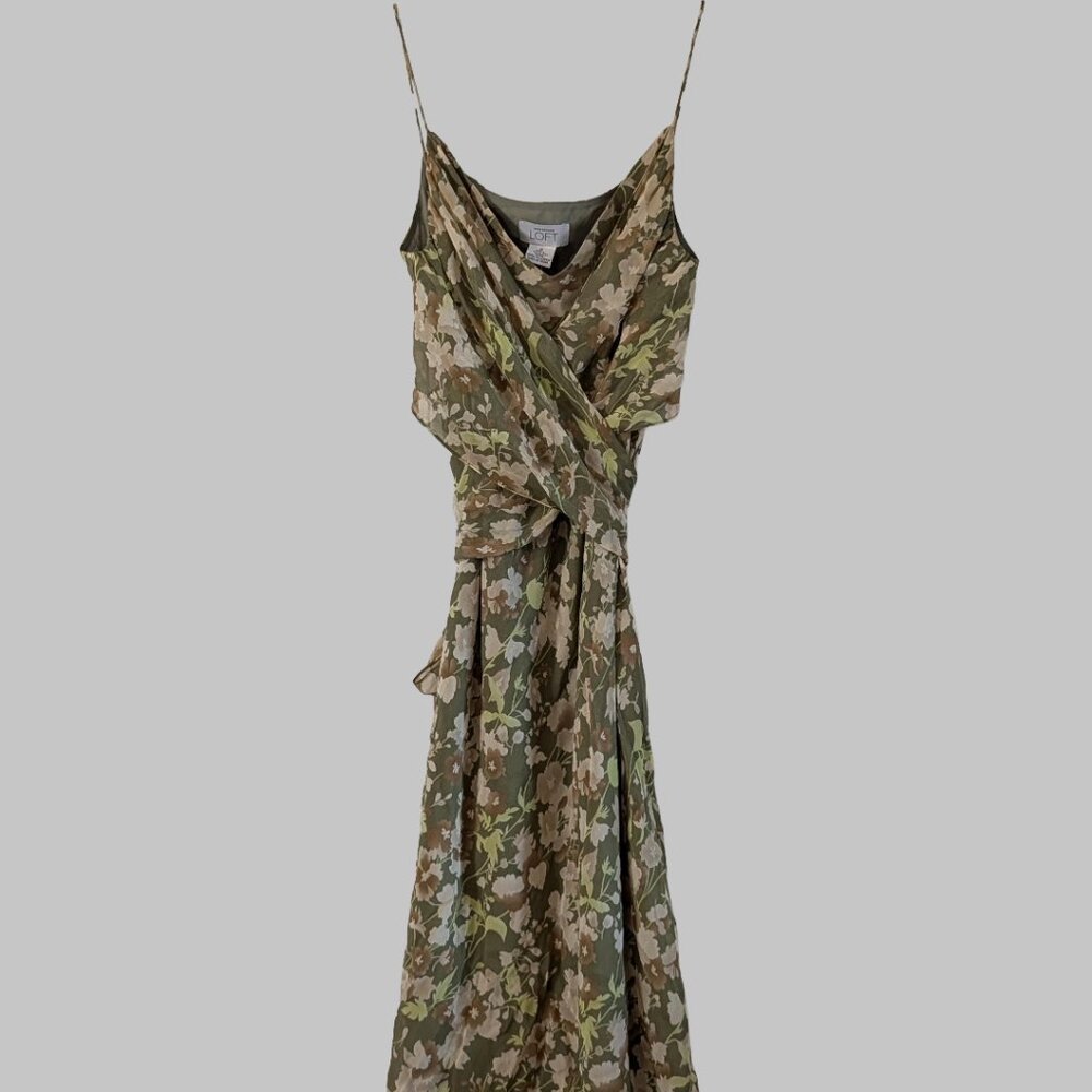 Ann Taylor LOFT Silk Floral Dress Size 6 Green Boho Cottagecore Wrap Tie Dress 6